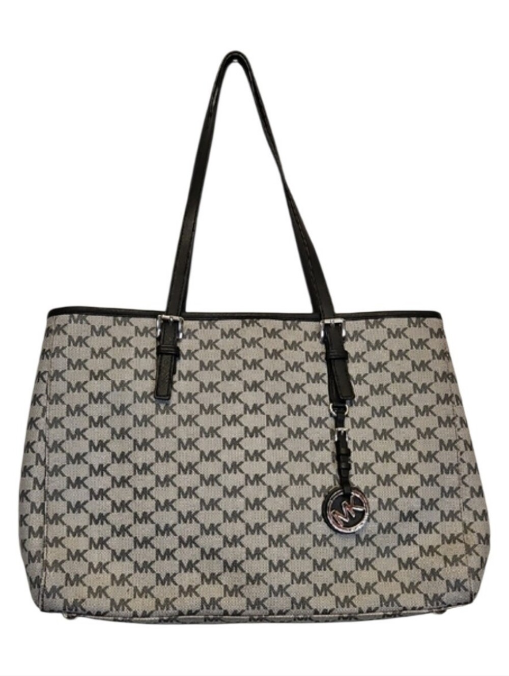 Michael Kors Jet Set Gray MK Logo Tote with Black Trim, Silver Hardware
